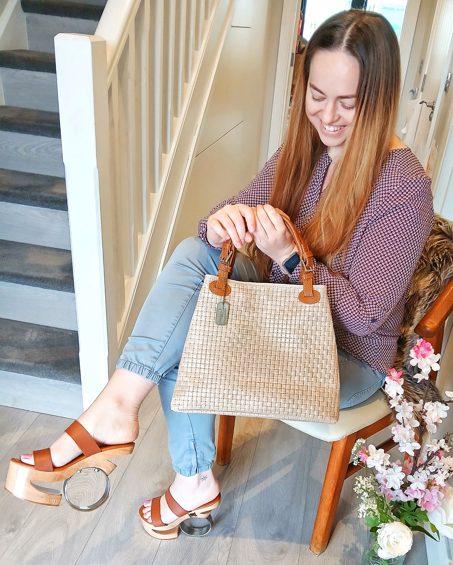 Metal: Round Iron Heels Wooden clog Platform, Show Stopper, Tan Brown Leather Straps