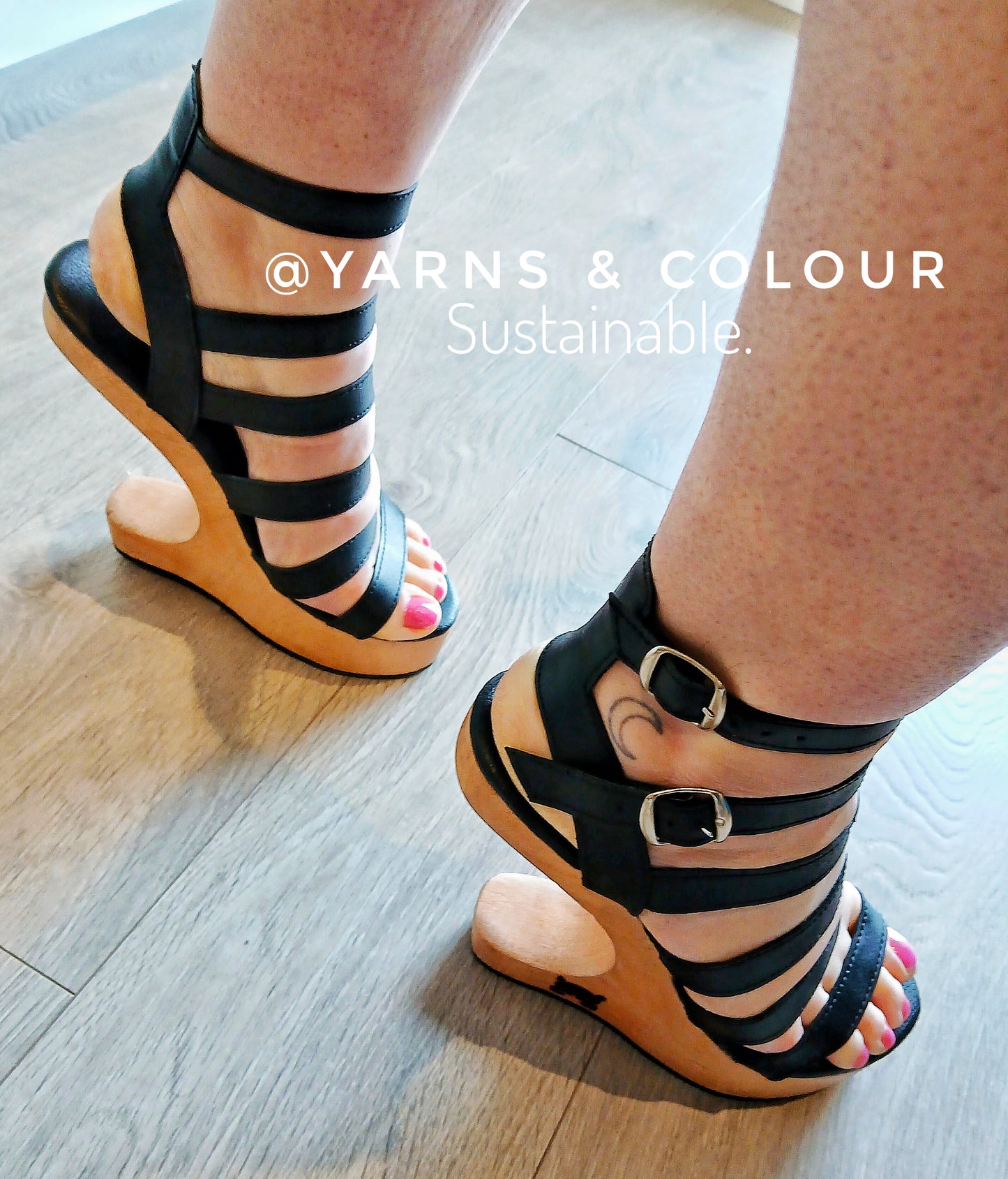 An iconic Wow Factor Celebrity  ladies Gladiator Sandal Clog  shoe High Heel Strap lack. Handmade in Leather and real wood. Black