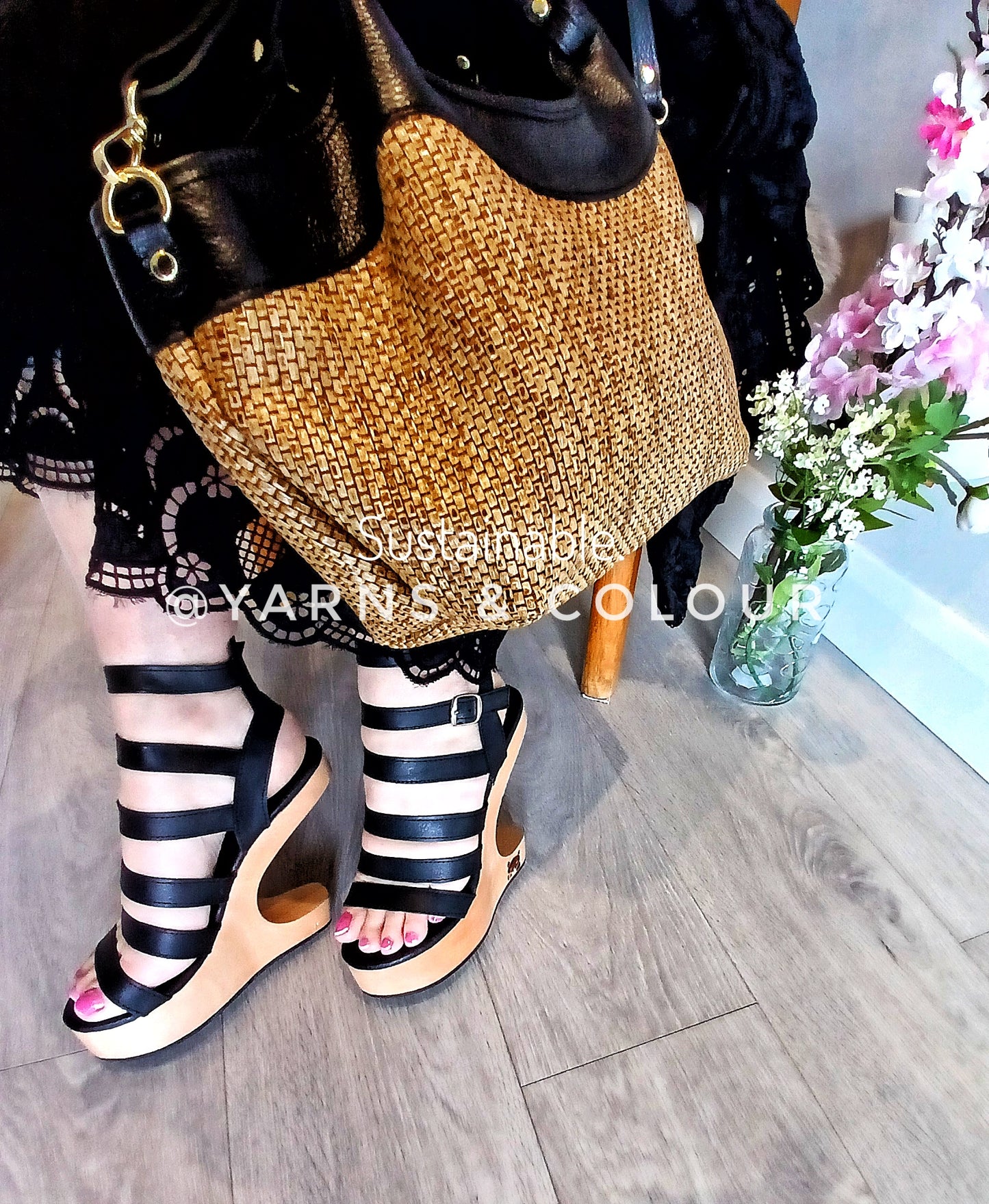 An iconic Wow Factor Celebrity  ladies Gladiator Sandal Clog  shoe High Heel Strap lack. Handmade in Leather and real wood. Black