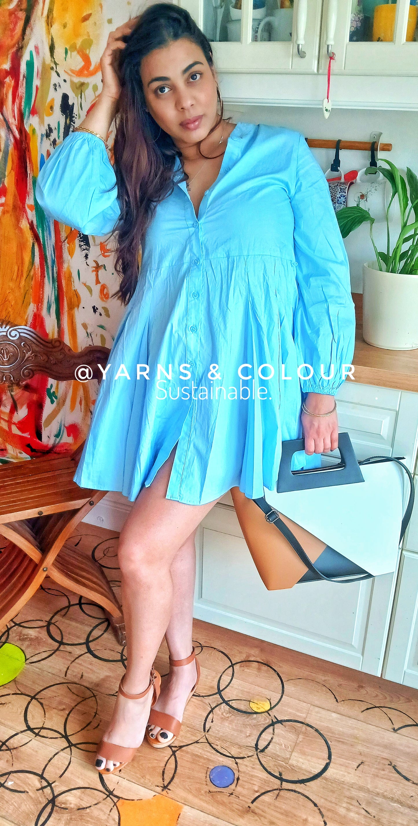 A Cute Flared Short Dress 100% Cotton - Sky Blue with small Bishop long sleeve