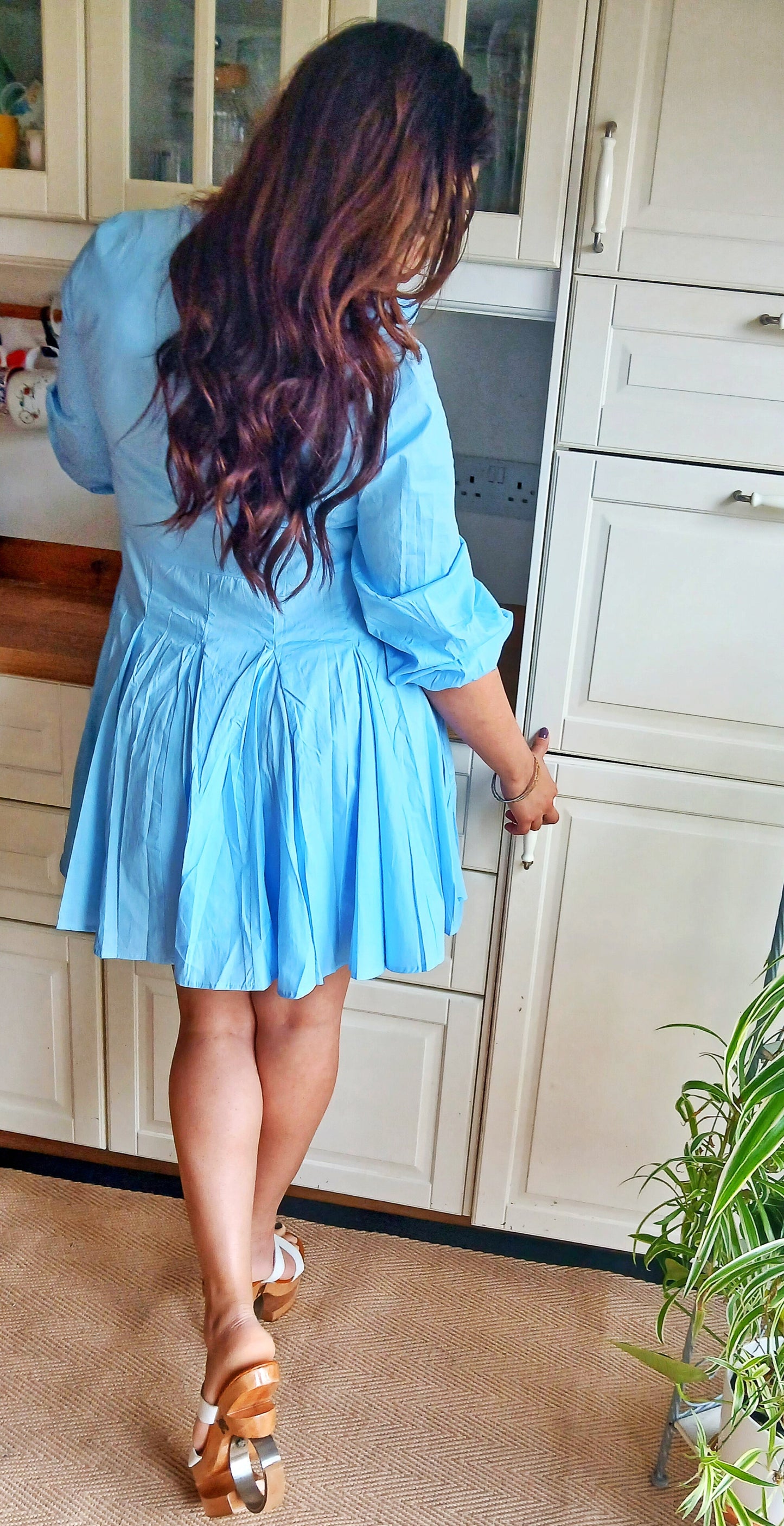 A Cute Flared Short Dress 100% Cotton - Sky Blue with small Bishop long sleeve