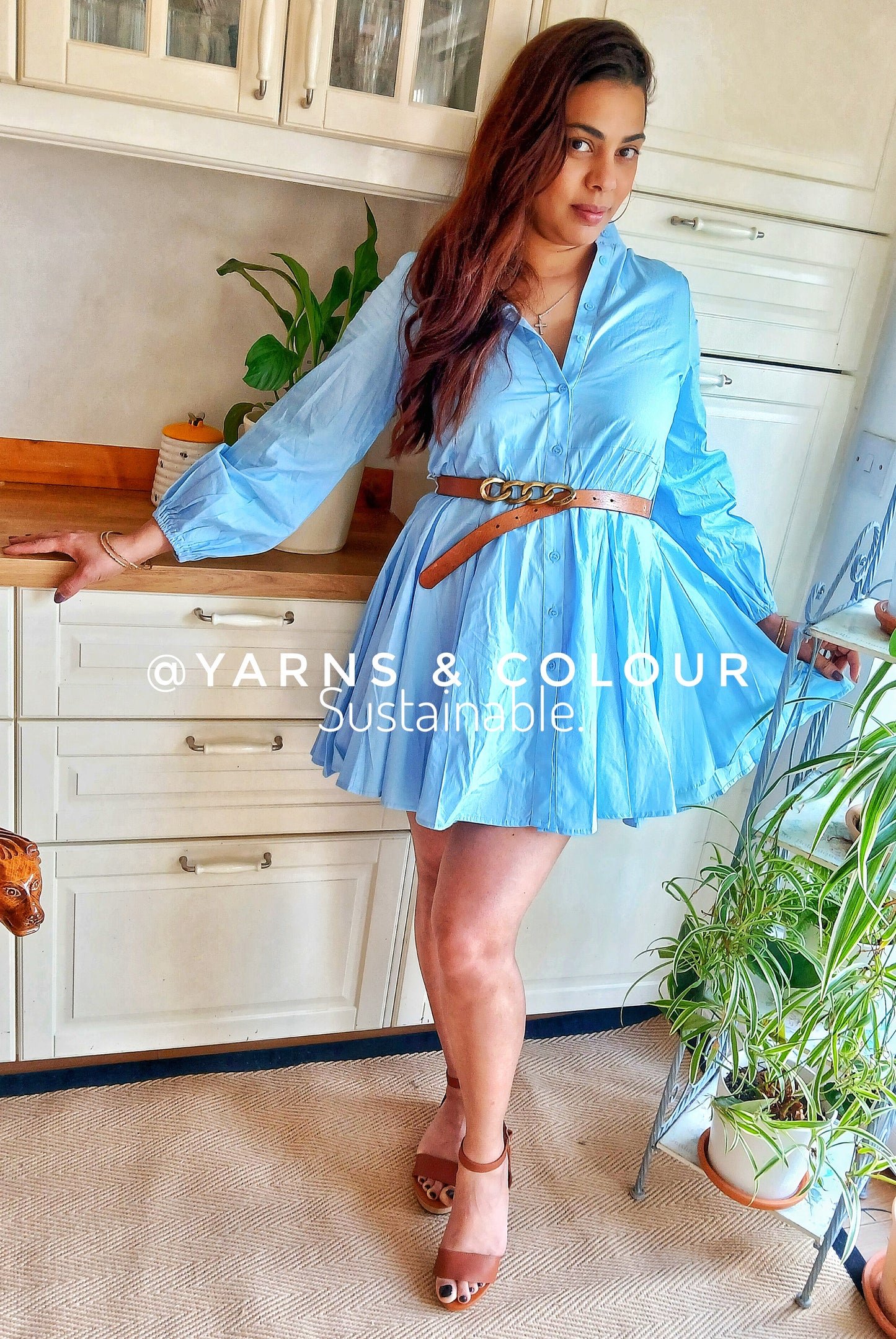 A Cute Flared Short Dress 100% Cotton - Sky Blue with small Bishop long sleeve