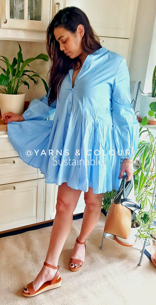 A Cute Flared Short Dress 100% Cotton - Sky Blue with small Bishop long sleeve