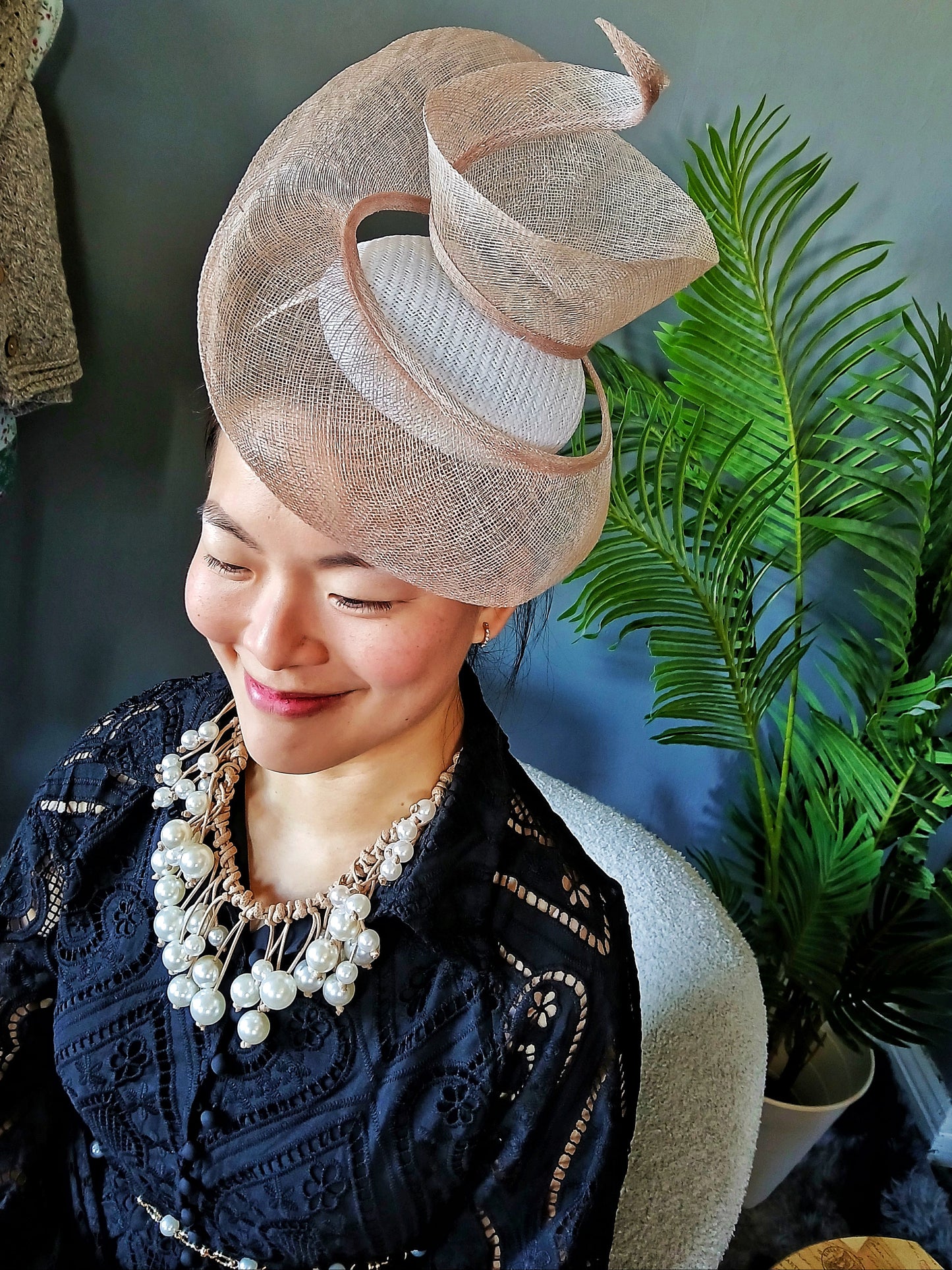A Max Alexander Bespoke Sinamay Fascinator Fabulous Wedding and Summer races Party Hat - Light Brown/Beige
