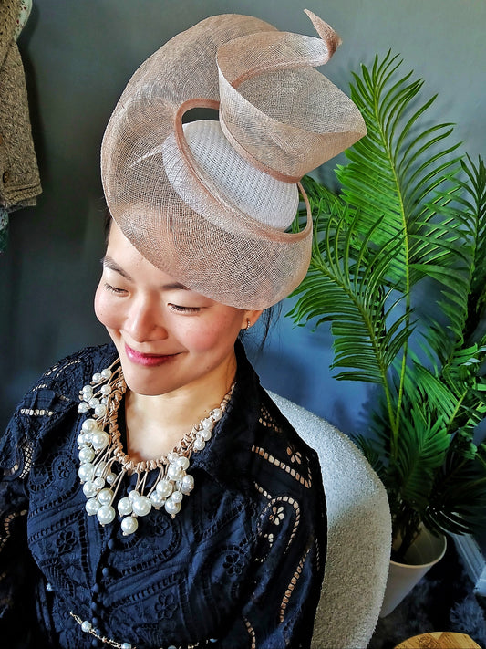 A Max Alexander Bespoke Sinamay Fascinator Fabulous Wedding and Summer races Party Hat - Light Brown/Beige
