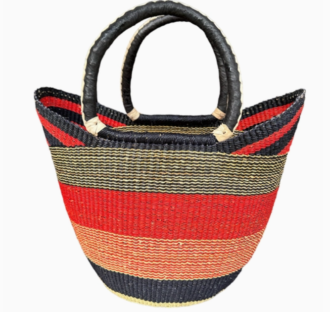 Large Red Multi Colours Bolga Handmade Durable Grass Rafia U shaped light Weight Shopping Basket