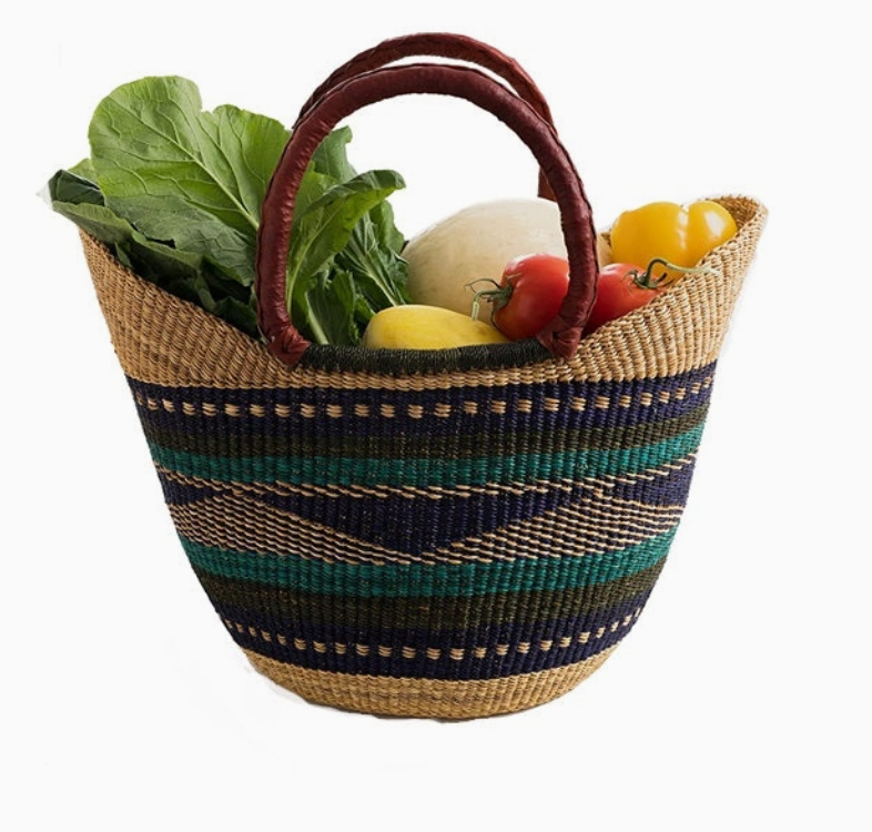 Medium U-Multi Colour Shopper Ghana Natural Tote Bag/Bolga Basket 13-14" Across - Black &amp; Tan