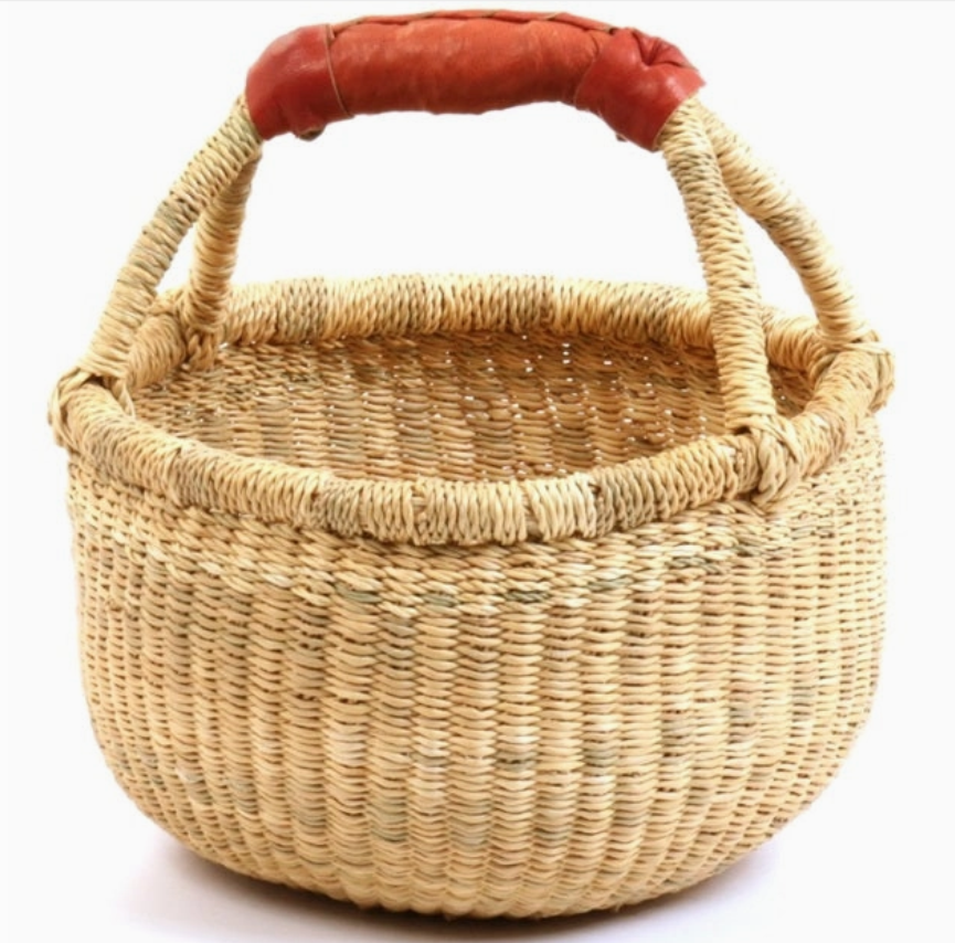 Small and Cute Plain Natural Raffia  African Ghana Handmade Bolga Basket Leather Handle |Dye Free |7"-9"