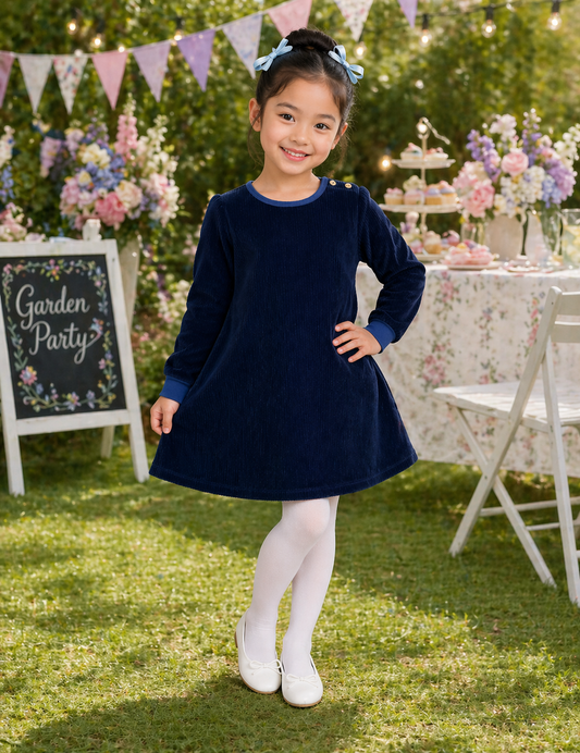 100% Organic Cotton Kids Long Sleeve Girly corduroy party dress. Navy Blue