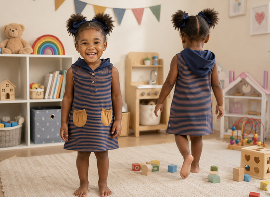 100% Organic Cotton Baby Tunic Dresses Indigo Lion Navy Stripped Gold or Yellow Pockets