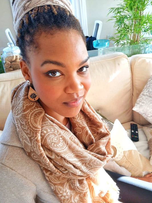 MONAI Beautiful Teardrop Shaped Floral Natural Bamboo Wooden Earrings