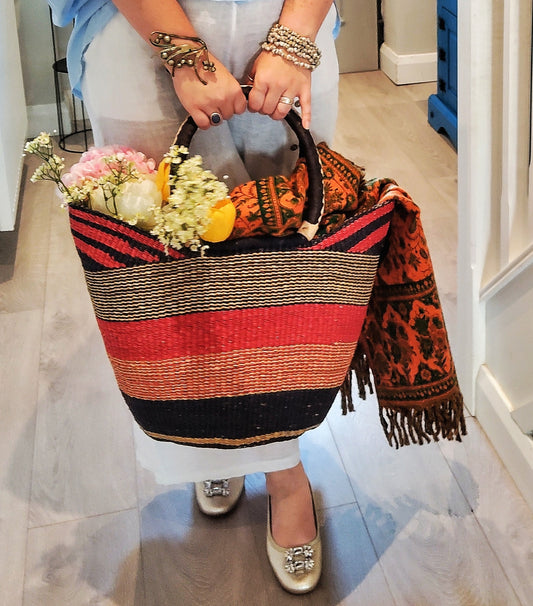 THE AFRICAN HOME GOODS  Large U-Shopper - Ghana Beach Tote Bag/Basket - Red & Black