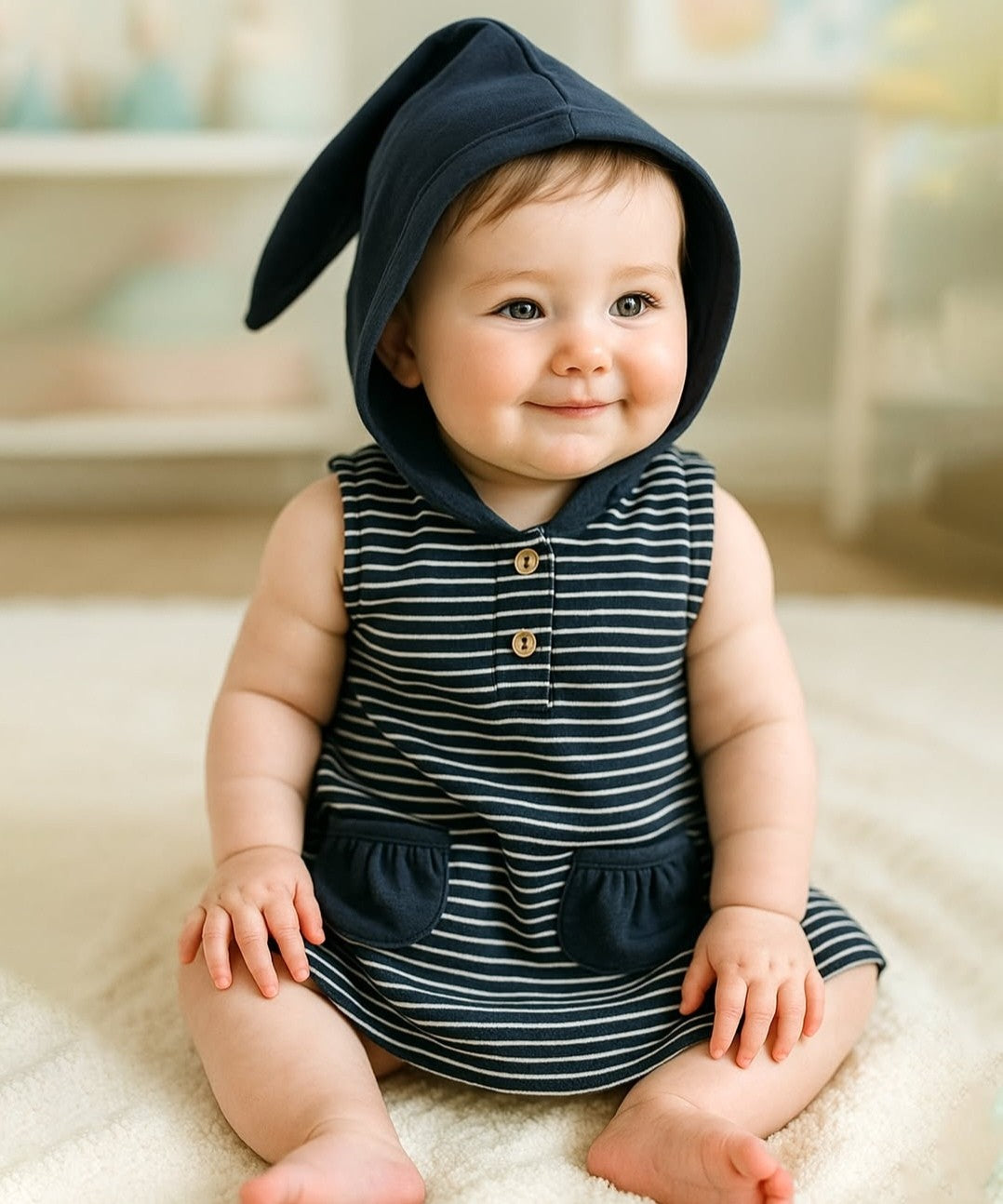 LEELA COTTON Indigo Lion Baby Organic Cotton fairy Hood Tunic Dress Colour Yellow pockets