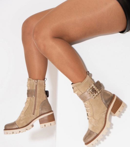 MLV Portuguese Shoes Bota De Mulher TAMARA06 Taupe Mix Creams Ladies Stylish Combat Boots Sizes UK 6 / EU 39