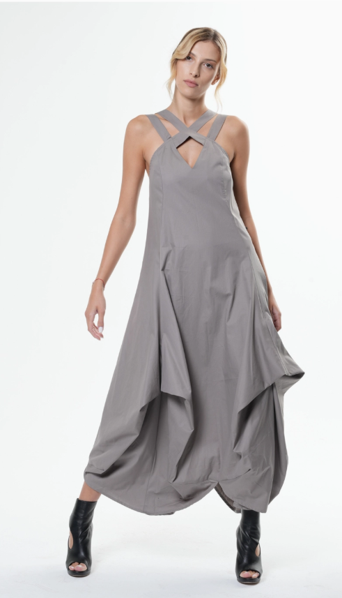 100% Cotton Iconic and Stylish Strapped Sleeveless Asymmetrical Dress with Cage Straps Grey Large Size