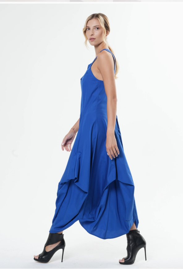 100% Cotton Iconic and Stylish Strapped Sleeveless Asymmetrical Dress with Cage Straps Grey Large Size