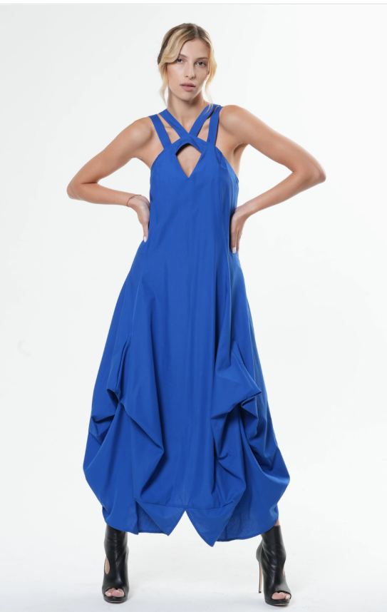 100% Cotton Iconic and Stylish Strapped Sleeveless Asymmetrical Dress with Cage Straps Grey Large Size