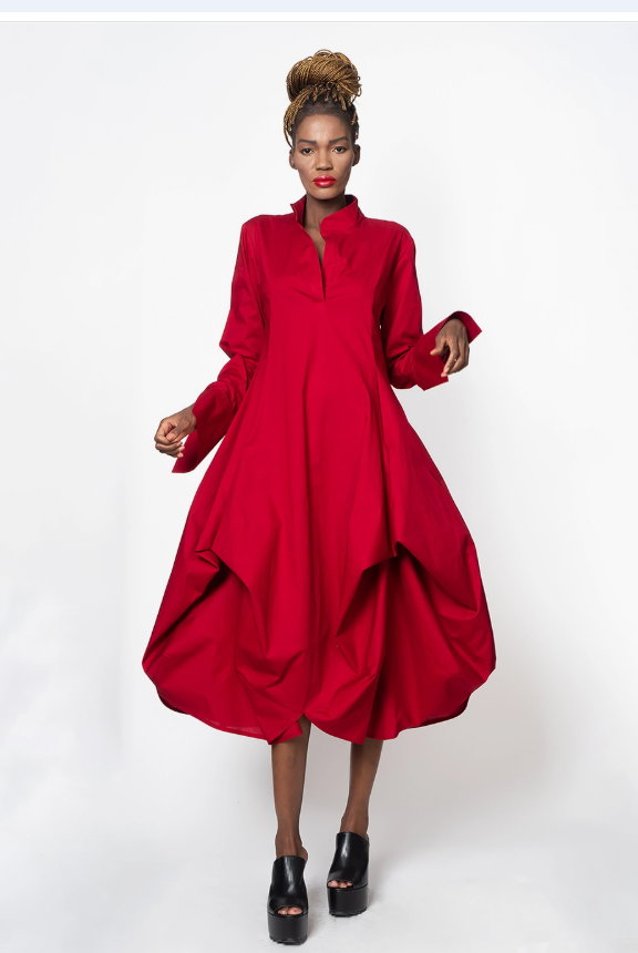 Metamorphosa Unique Long Sleeved Red Draping Shirt Dress Size@ Large
