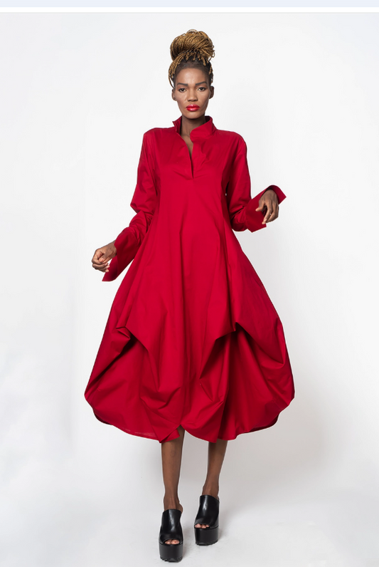 Metamorphosa Unique Long Sleeved Red Draping Shirt Dress Size@ Large