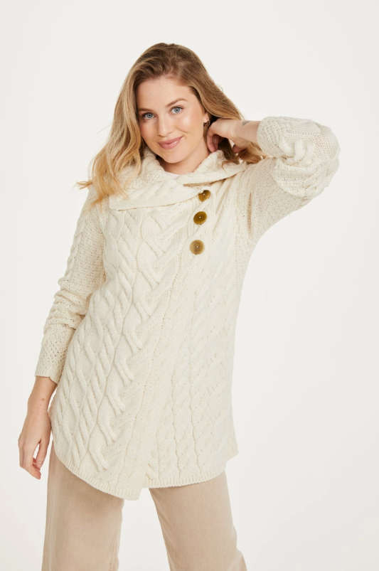 Irish Aran handmade Warm 100% Merino  Wool Carraig Ladies Aran Cardigan - Cream with Flap neck opening