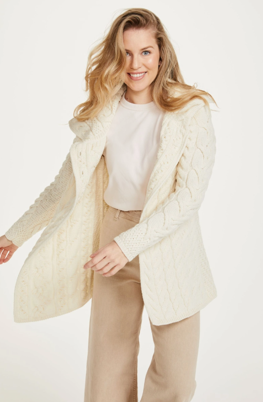 Irish Aran handmade Warm 100% Merino  Wool Carraig Ladies Aran Cardigan - Cream with Flap neck opening