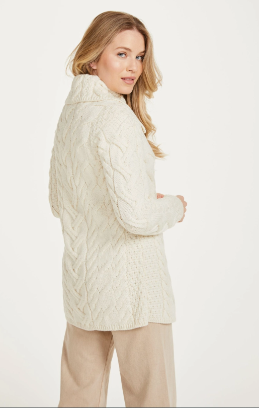 Irish Aran handmade Warm 100% Merino  Wool Carraig Ladies Aran Cardigan - Cream with Flap neck opening