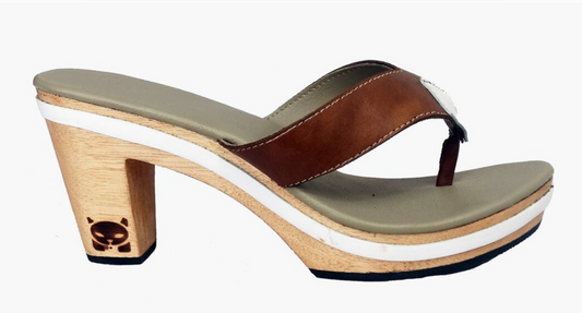 OMES Clog Slippers Jonas: Stylish Handmade Mules Sandals with Wooden Platform. Brown and White Leather