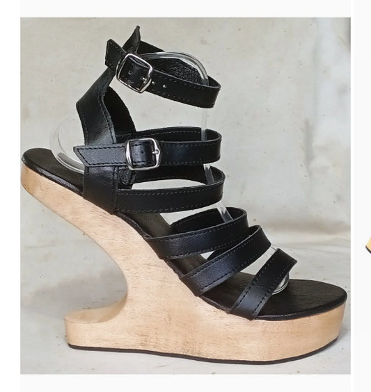 The Iconic Wow Factor Celebrity  ladies Gladiator Sandal Clog  shoe High Heel Strap lack. Handmade in Leather and real wood.