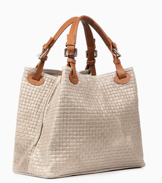 Emanuela Beautiful Women's Tote Bag. Genuine Italian Leather Engraved  surface. White Bag and Tan Brown Leather Straps