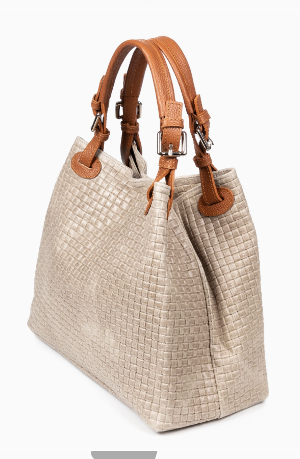 Emanuela Beautiful Women's Tote Bag. Genuine Italian Leather Engraved  surface. White Bag and Tan Brown Leather Straps