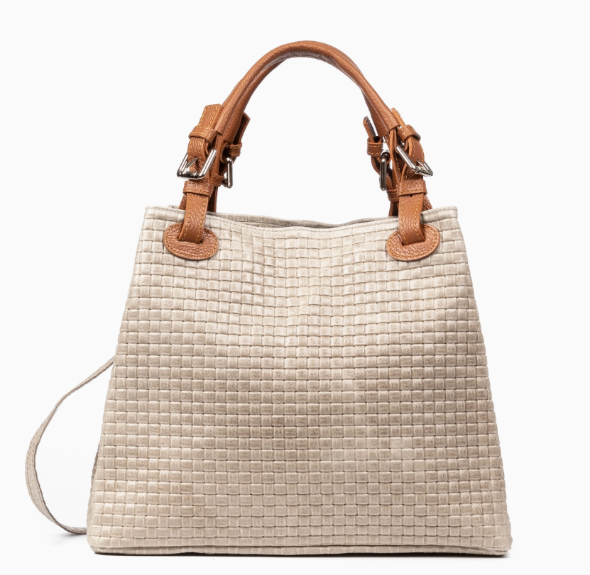 FIRENZE ARTEGIANIE Stylish Chic Godeberta Beautiful Women's Tote Bag. Tote Bag r FIRENZE talian Leather Engraved  surface. White Bag and Tan Brown Leather Straps (Copy)