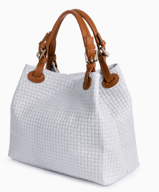 FIRENZE ARTEGIANI Gorgeous Emanuela Women's 100% High Quality Italian Leather Tote Bag. Genuine Leather Suede Engraved Geo surface. White Bag  -Tan Straps