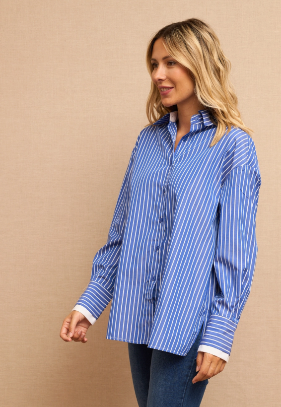 A Classy Vivid Blue and White Striped Ladies Work Long sleeved Shirt with trimmed frilled sleeve ends;  S/M/L available