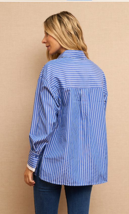 A Classy Vivid Blue and White Striped Ladies Work Long sleeved Shirt with trimmed frilled sleeve ends;  S/M/L available