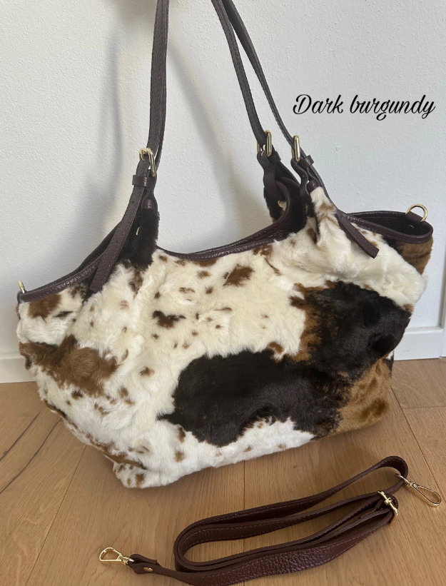 A Lovely Zhade  Pure Handmade Italian Leather craftsmanship and decorative Faux Fur Animal Print overlay Tote Bag BROWN