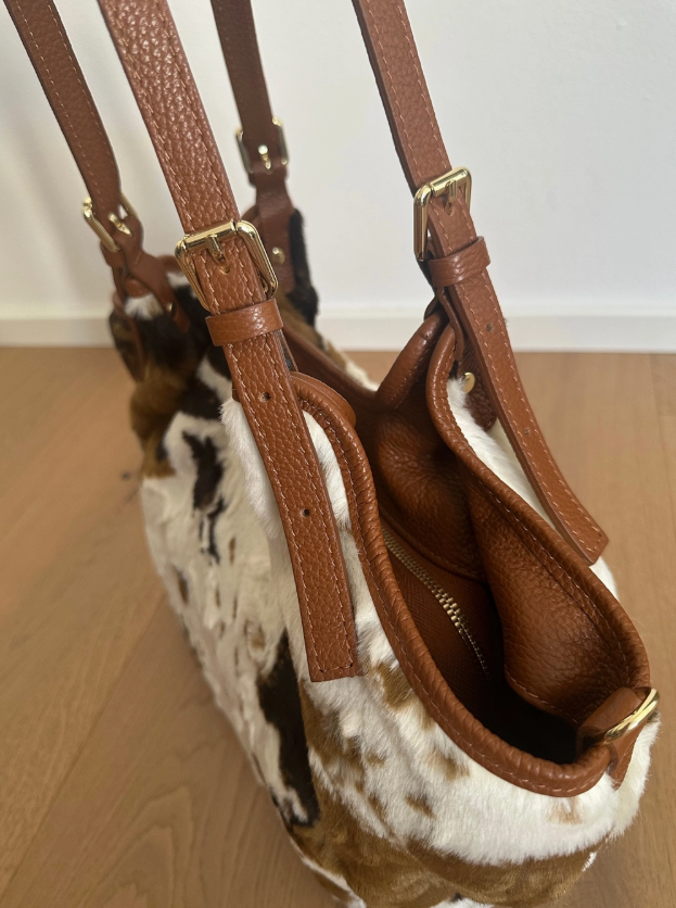 A Lovely Zhade  Pure Handmade Italian Leather craftsmanship and decorative Faux Fur Animal Print overlay Tote Bag BROWN