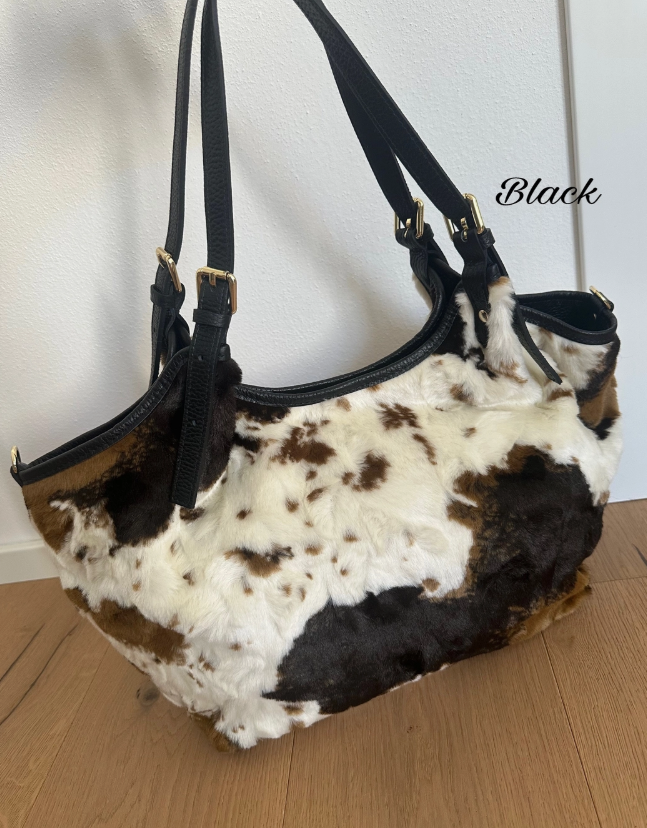 A Lovely Zhade  Pure Handmade Italian Leather craftsmanship and decorative Faux Fur Animal Print overlay Tote Bag BROWN