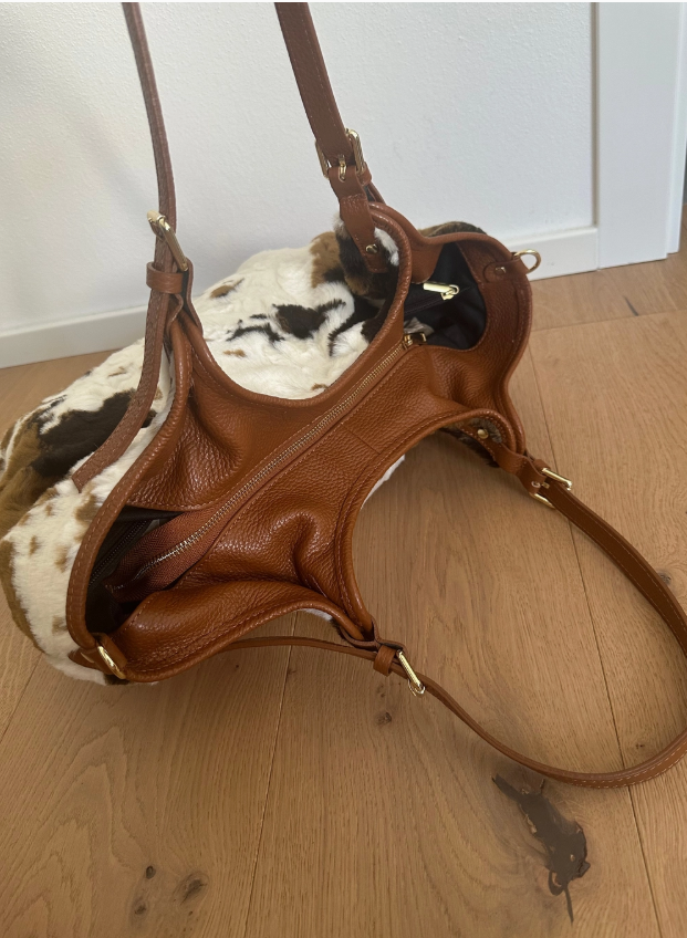 A Lovely Zhade  Pure Handmade Italian Leather craftsmanship and decorative Faux Fur Animal Print overlay Tote Bag BROWN