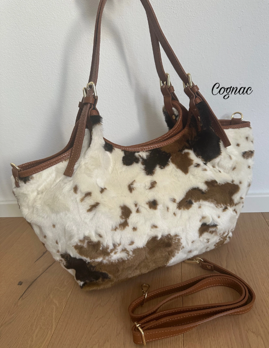 A Lovely Handmade Italian Leather craftsmanship and decorative Faux Fur Animal Print overlay Tote Bag BROWN