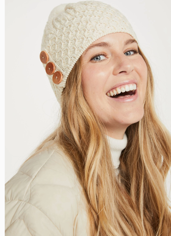 Irish Aran Shrule Aran Hat with Pom Pom pure wool Winter Hat - Cream