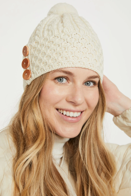 Irish Aran Shrule Aran Hat with Pom Pom pure wool Winter Hat - Cream