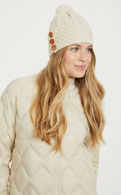 Irish Aran Shrule Aran Hat with Pom Pom pure wool Winter Hat - Cream