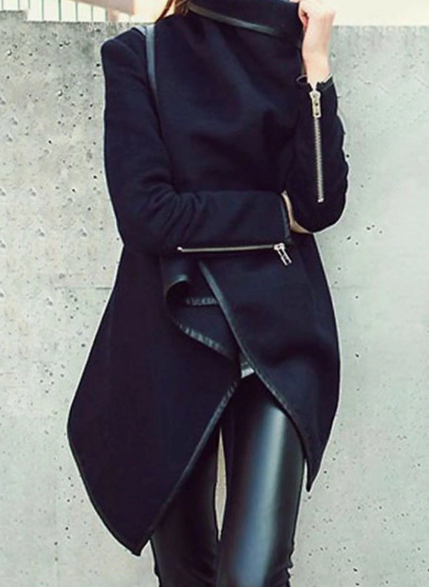 Original Stylish Asymmetric Handkerchief Design  Split-Joint High-Neck Black Warm Coat