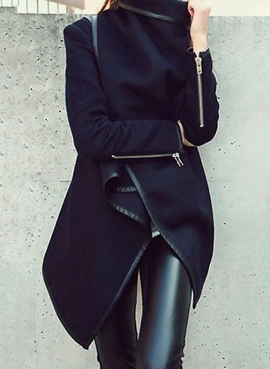 Original Stylish Asymmetric Handkerchief Design  Split-Joint High-Neck Black Warm Coat