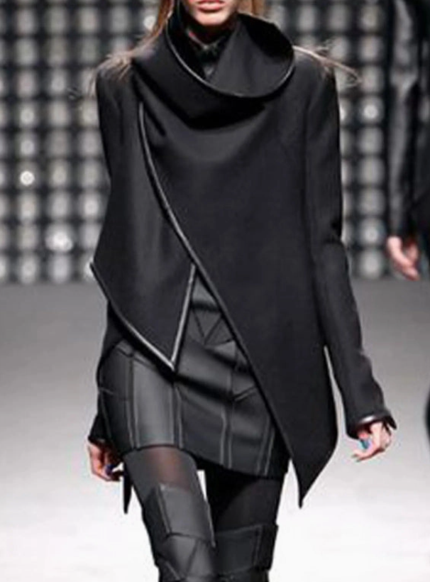Original Stylish Asymmetric Handkerchief Design  Split-Joint High-Neck Black Warm Coat