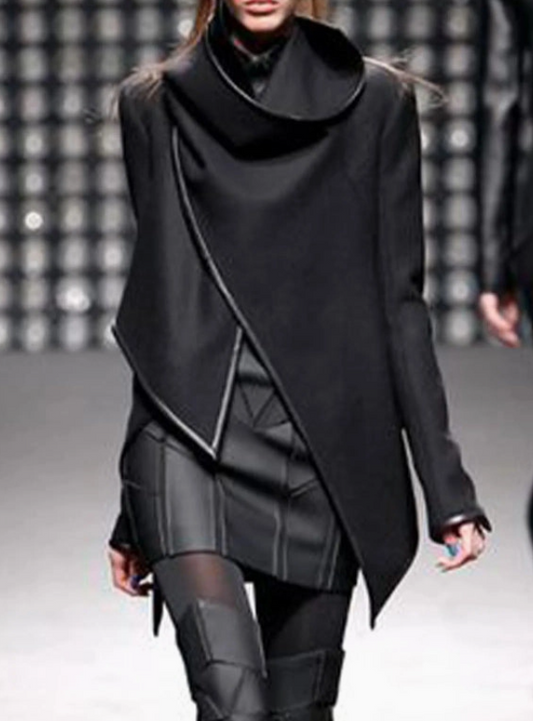 Original Stylish Asymmetric Handkerchief Design  Split-Joint High-Neck Black Warm Coat BLACK