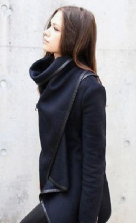 Original Stylish Asymmetric Handkerchief Design  Split-Joint High-Neck Black Warm Coat