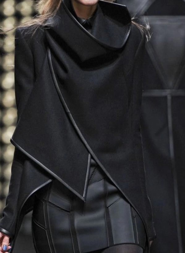 Original Stylish Asymmetric Handkerchief Design  Split-Joint High-Neck Black Warm Coat