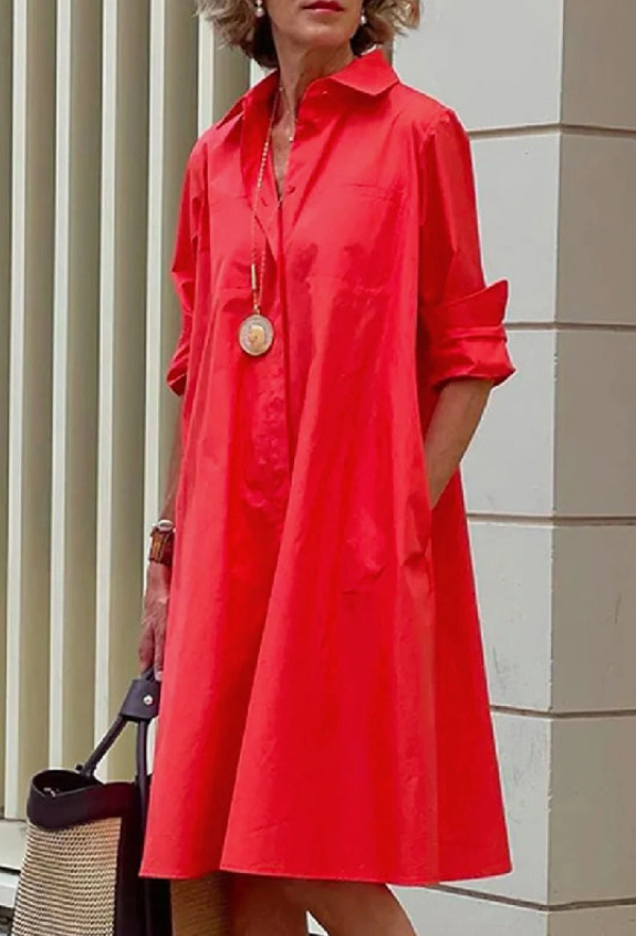 Simple Long Sleeves Solid Color Lapel Midi Dress - Red