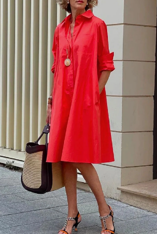 Simple Long Sleeves Solid Color Lapel Midi Dress - Red